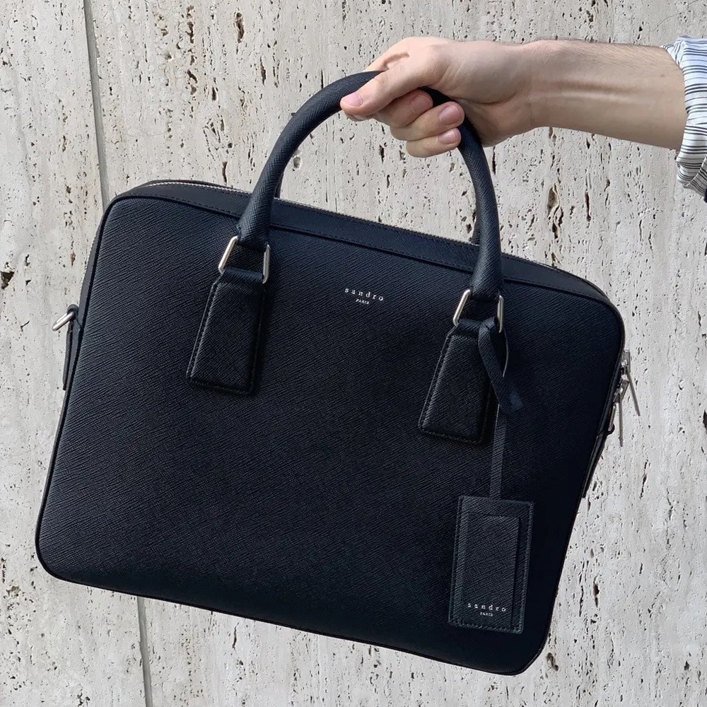 Sandro Paris Black Saffiano Leather Briefcase Laptop Bag
